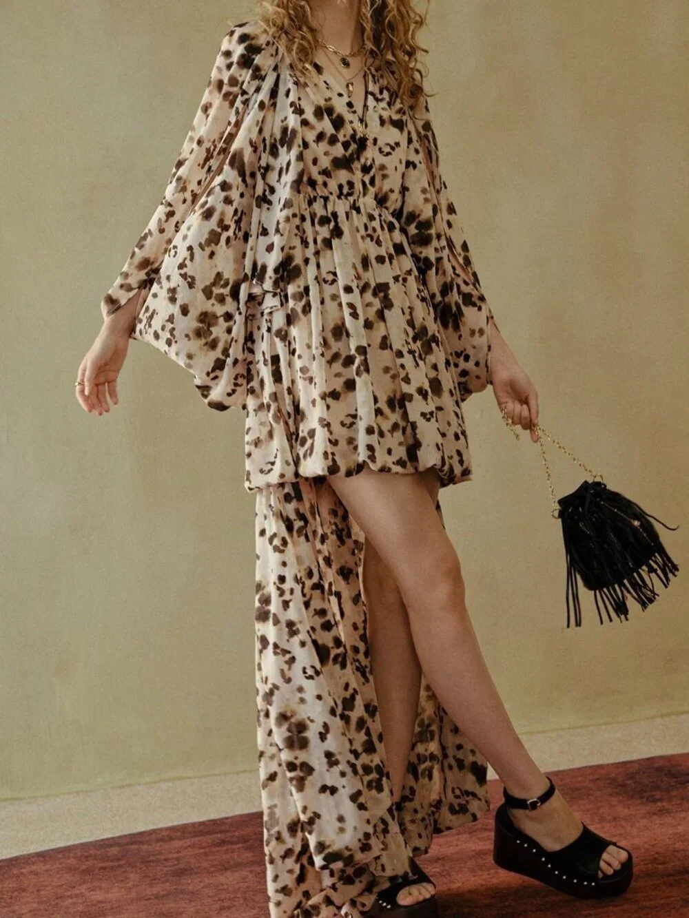 Multicolor Boho Women's Leopard Print Loose Pleated Long Dress